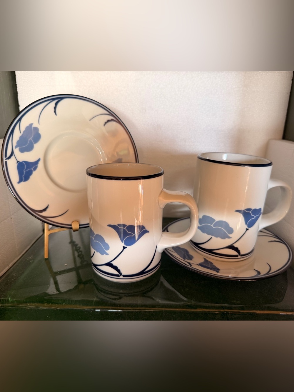 Set of 2 Dansk Tivoli Belles Fleurs Blue Floral Flat Tea Cup & Saucer